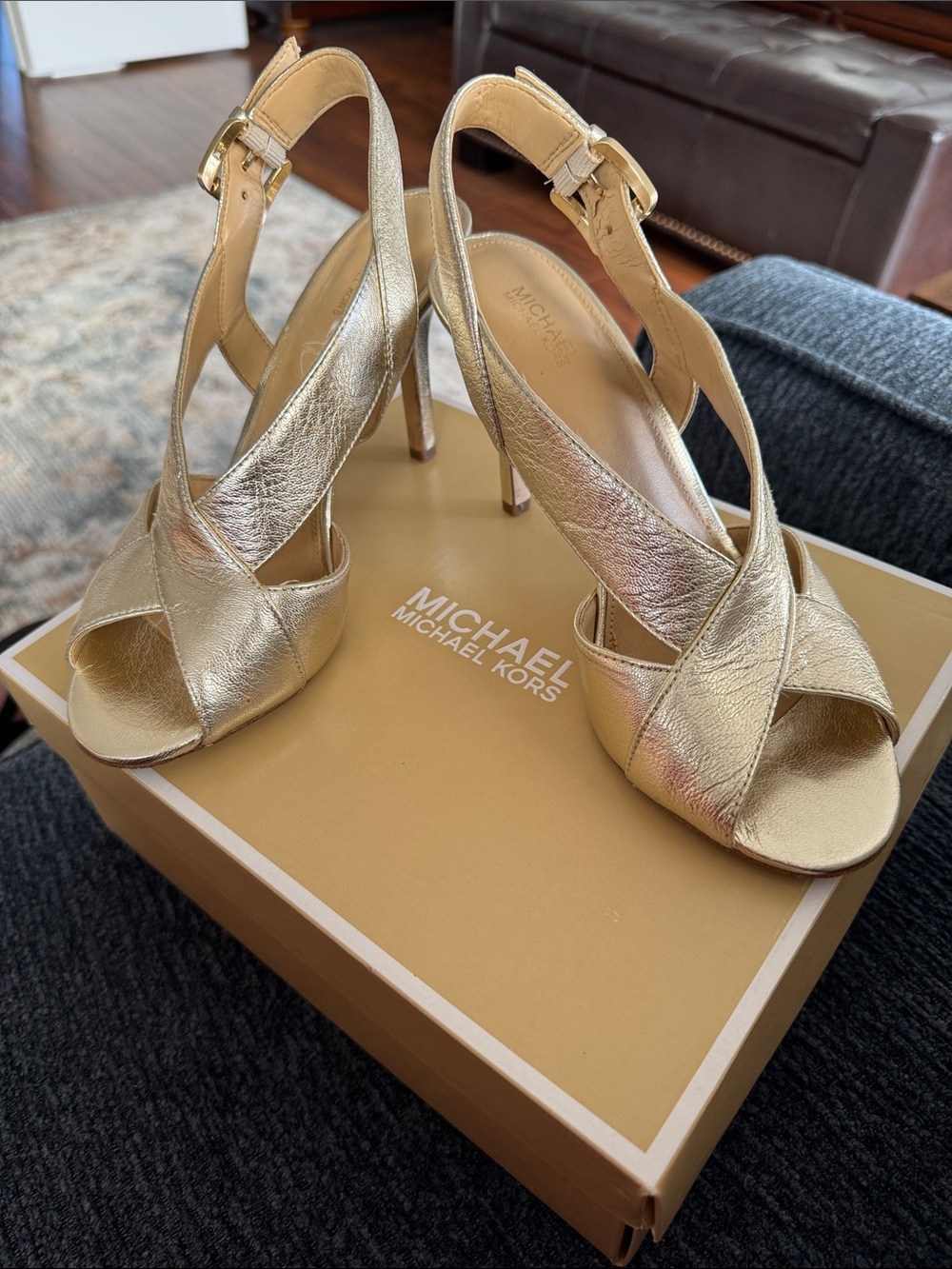 Michael Kors Metallic Gold Crisscross Peep-Toe Slingback Heels
